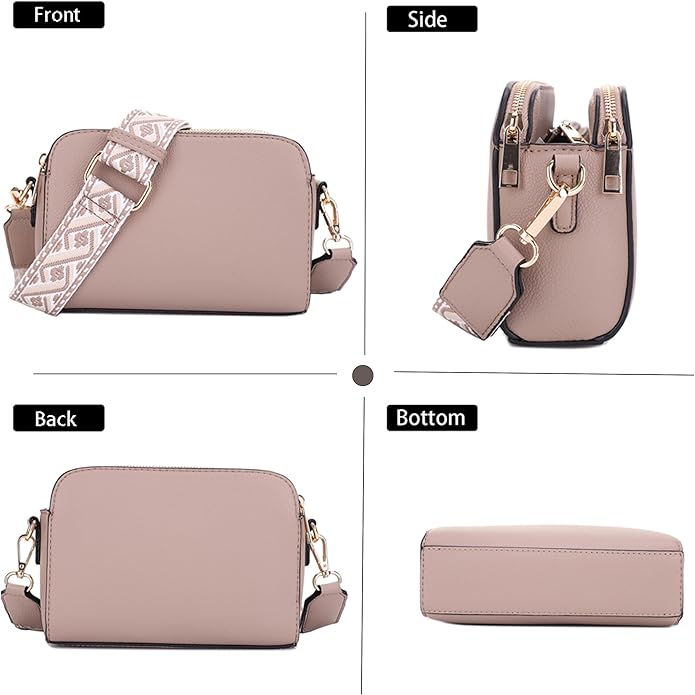 EVVE Crossbody Bags for Women Trendy Triple Zip Small Crossbody Camera Bag Purse with Wide Guitar Strap