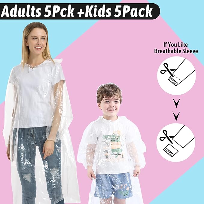 Disposable Rain Ponchos Family Pack Emergency Waterproof Clear Ponchos with Hood Disposable Raincoat 10 Pack (5 Adult 5 Kids)