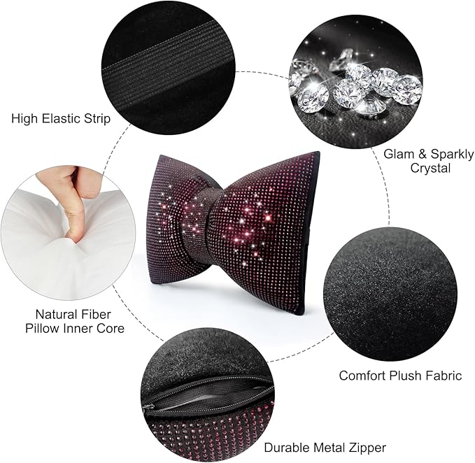 surpassme 2PCS Rhinestone Car Headrest Neck Pillow for Driving with Bling Bling Crystal Bow Pillow Car Accessories for Women (Purple)