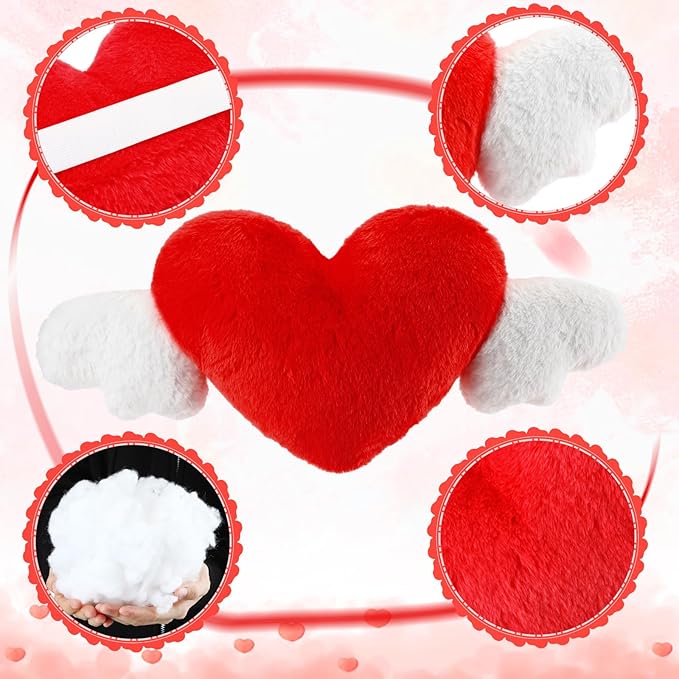 Macarrie 2 Pcs Plush Heart Shaped Pillow with Angel Wings Car Headrest Soft Comfortable Seat Pillow for Driving Travelling Room Office Car Decor, 19.7 x 8.3 Inch(Red)