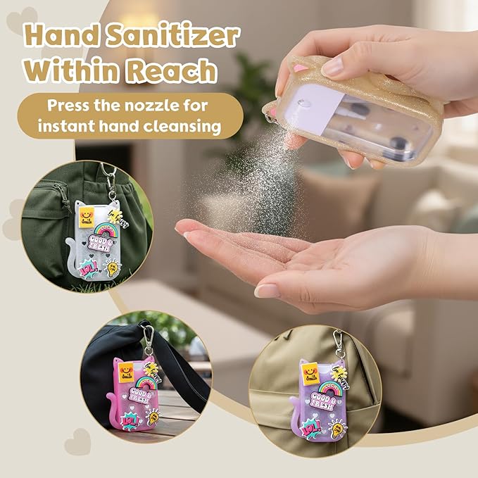 FunisFun Glitter Silicone Holder Case Compatible with Hand Sanitizer Spray 1 Fl. OZ., Cat-shaped Case Keychain with 6 Charms