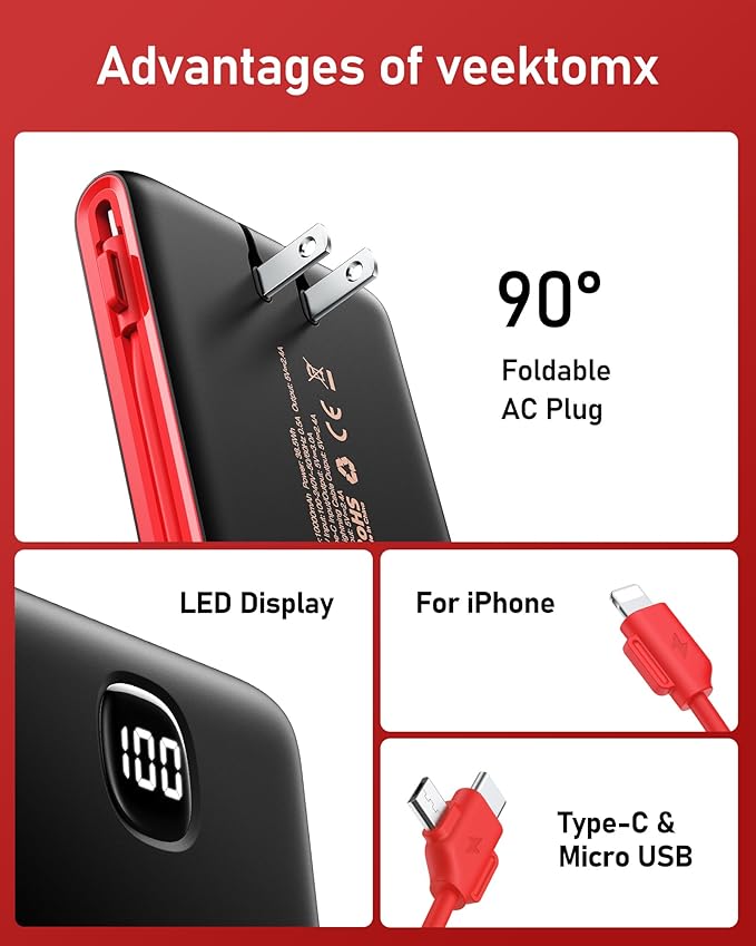 VEEKTOMX Portable Charger with Built in Cables 10000mAh, Power Bank for iPhone with AC Wall Plug, Fast Charging USB C Slim Battery Pack with LED Display Compatible with iPhone 17/16/15, Samsung