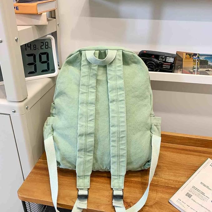 Sage Green Canvas Backpack for Women Retro Aesthetic Rucksack Basic Backpack for High School/College Students Travel Laptop Bag