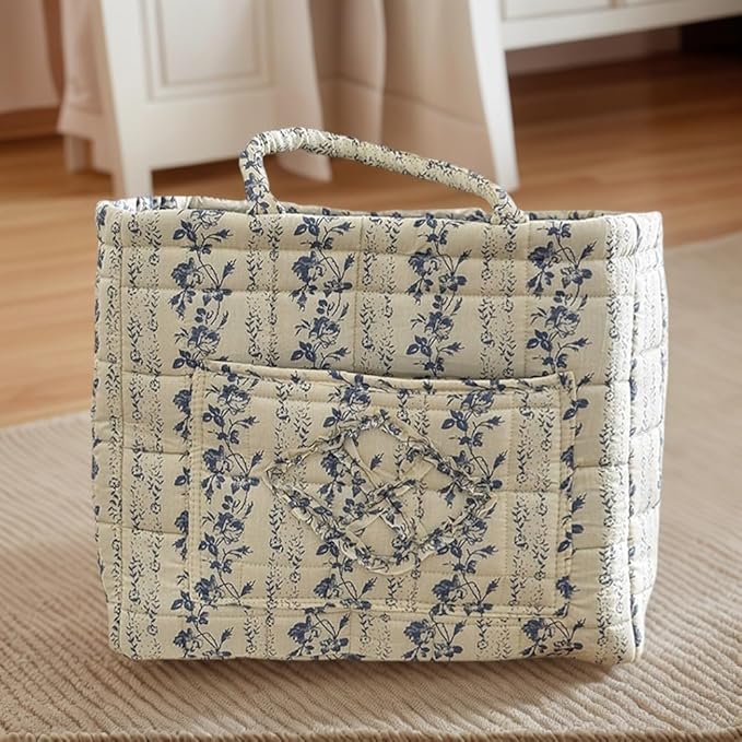 Floral Fabric Storage Basket Car Interior Storage Basket Underwear Sundries Laundry Baskets Supplies Home Organizer Bag (Vine Blue)