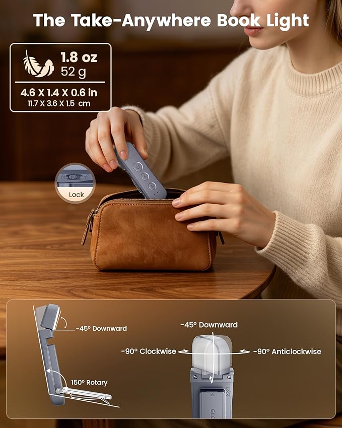 Glocusent 12 LED Book Light, Reading Lights for Books in Bed with 5 Colors & 5 Brightness, Portable Clip on Reading Light, USB-C Rechargeable for 200H with Travel Lock, Perfect Gifts for Book Lovers