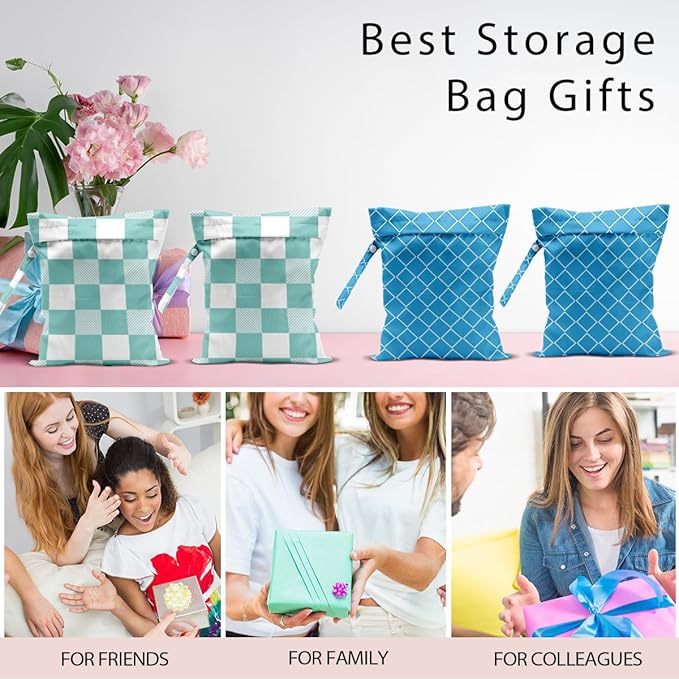 Wet Bag, 4Pcs Wet Dry Bag Set, Reusable Waterproof Bags with Blue Diamond Lattice & Mint Checkerboard Prints for Women, Ideal for Beach, Pool & Travel
