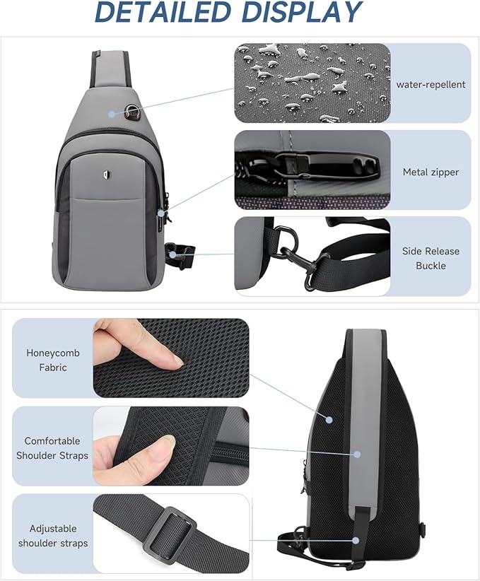 Anti-Theft Sling Bag for Men&Women, Water Resistant Lightweight Crossbody Bag Small Backpack, Built-in Audio Port, Reversible Strap, Travel Hiking Chest Daypack Fits 11 inch iPad & Switch 2
