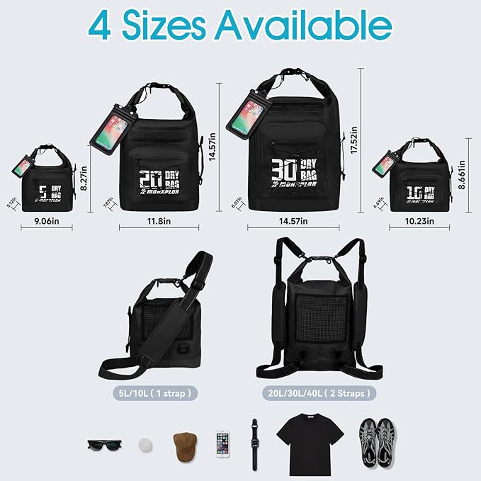 MORXPLOR Dry Bag Waterproof,5L/10L/20L/30L/40L/55L Roll Top Dry Bag Backpack with WaterProof Phone Case for Swim,Kayak