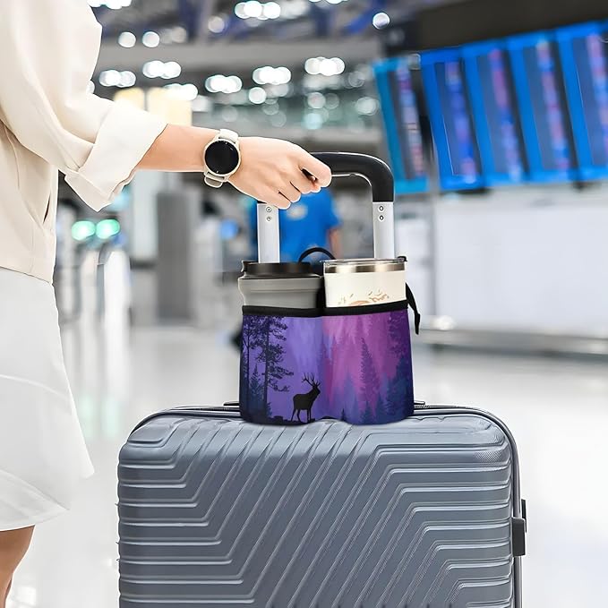 Luggage Cup Holder for Suitcases Free Hands Suitcase Cup Holder Travel Luggage Drink Holder Portable Luggage Cup Caddy Bag Carrier with Handle Purple Stag Forest Trees