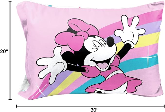 Jay Franco Disney Minnie Mouse Rainbow Stripe 1 Single Reversible Pillowcase - Double-Sided Kids Super Soft Bedding