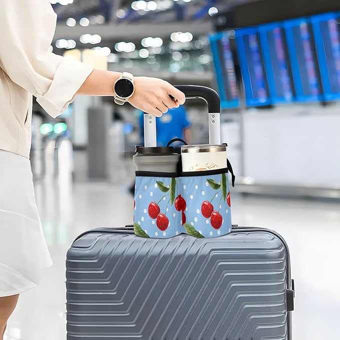 Luggage Cup Holder for Suitcases Free Hands Suitcase Cup Holder Travel Luggage Drink Holder Portable Luggage Cup Caddy Bag Carrier with Handle Light Blue Dots Red Cherry
