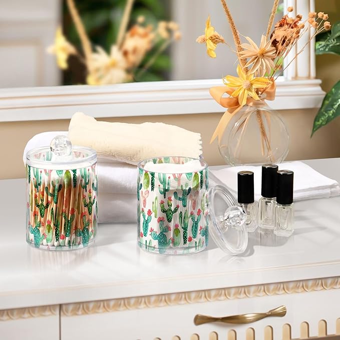 2 Pack Qtip Holder Organizer Dispenser Cactus on White Background Bathroom Storage Canister Cotton Ball Holder Container for Cotton Pads/Swabs/Floss