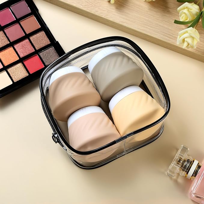 Gemice Silicone Cream Jars TSA Approved Travel Size Containers with Clear Bag, Leak-proof Travel Accessories with Lid for Cosmetic Face Body Hand Cream (4 Pack)