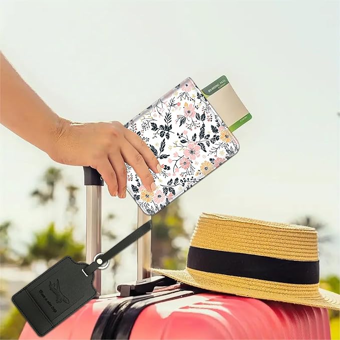 Passport Wallet, Passport Holder with RFID Blocking and Luggage Tag, Waterproof PU Leather Travel Documents Organizer Case, Passport Covers with Card Slot for Women & Men, Flower Pattern Passport Book