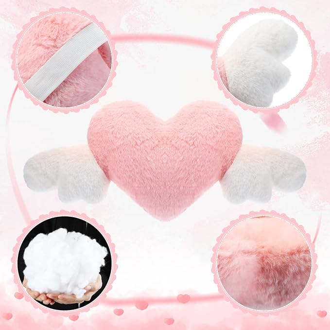 Macarrie 2 Pcs Plush Heart Shaped Pillow with Angel Wings Car Headrest Soft Comfortable Seat Pillow for Driving Travelling Room Office Car Decor, 19.7 x 8.3 Inch(White, Pink)