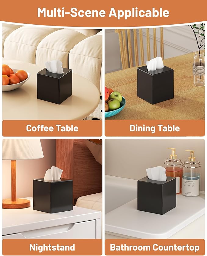 Tissue Box Cover, Square Plastic Tissue Box Holder with Anti Slip Base, Modern Decor Facial Napkin Holder for Bathroom Vanity Countertop, Bedroom Dresser, Night Stand, Parlors, Offices, Black