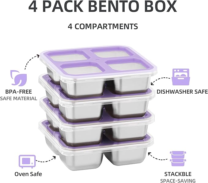 BEFOY 4 Pack Stainless Steel Snack Containers with Lids 4 Compartment Food Storage Containers for Adults & Kids Meal Prep Containers Reusablele (Purple, 2)