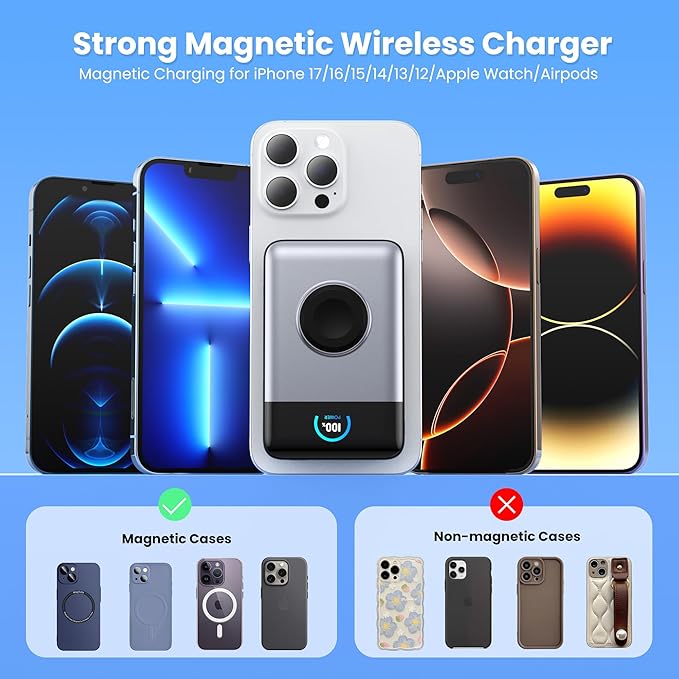 Ekrist Magnetic Portable Charger for MagSafe with Built-in Cable,iWatch Charger,Wireless Power Bank Travel Essentials,25W Fast Charging Battery Pack for iPhone 17/16/15,Apple Watch(Sliver,10800mAh)