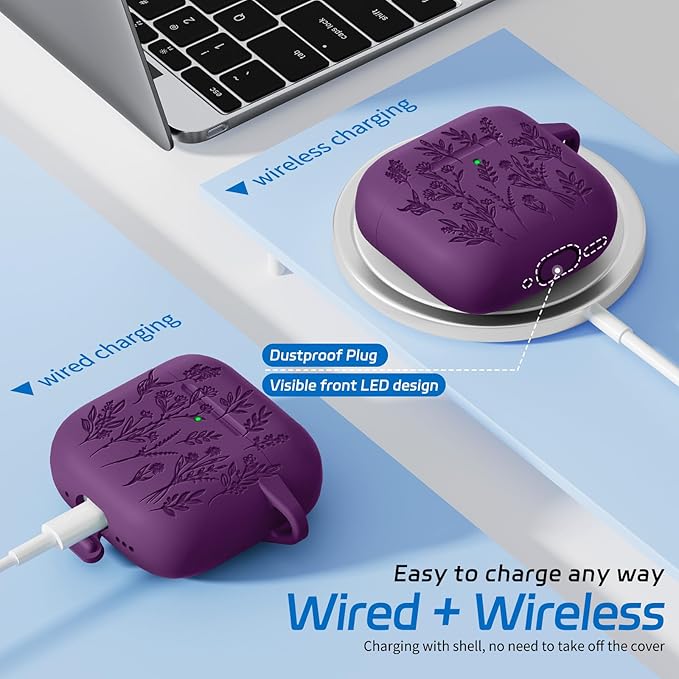 for Airpods 4 Case, Ekoonpft Flower Engraved Cases for Apple AirPods 4th Generation 2024, Soft Silicone Cover for Women Girly with 3-in-1 Cleaning Kit & Keychain, Anti-Scratch, Shockproof