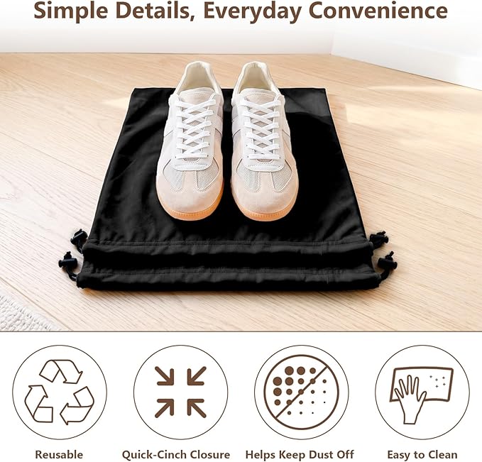 MERKFO Shoe Bags for Travel, 6 Pack Flannel Travel Shoe Bags for Luggage, Large Drawstring Shoe Dust Bags for Packing Shoes, Closet Storage, Fits Up to Men's Size 13, Black