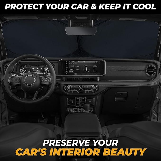 Autovir Windshield Sun Shade for Jeep – Fits Wrangler, Gladiator, Renegade, Sahara & Rubicon, 280T Front Window Shade, UV Sun Visor Protection Blocker Heat Shield, Jeep Accessories