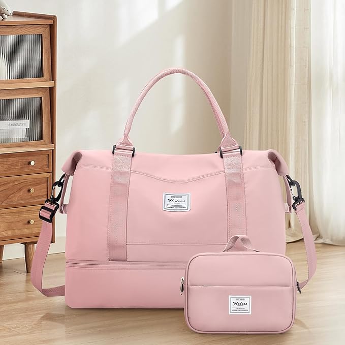 Weekender Bags for Women,Overnight Travel Duffel Bag with Shoes Compartment& Toiletry Bag,Extra Large(Pink)