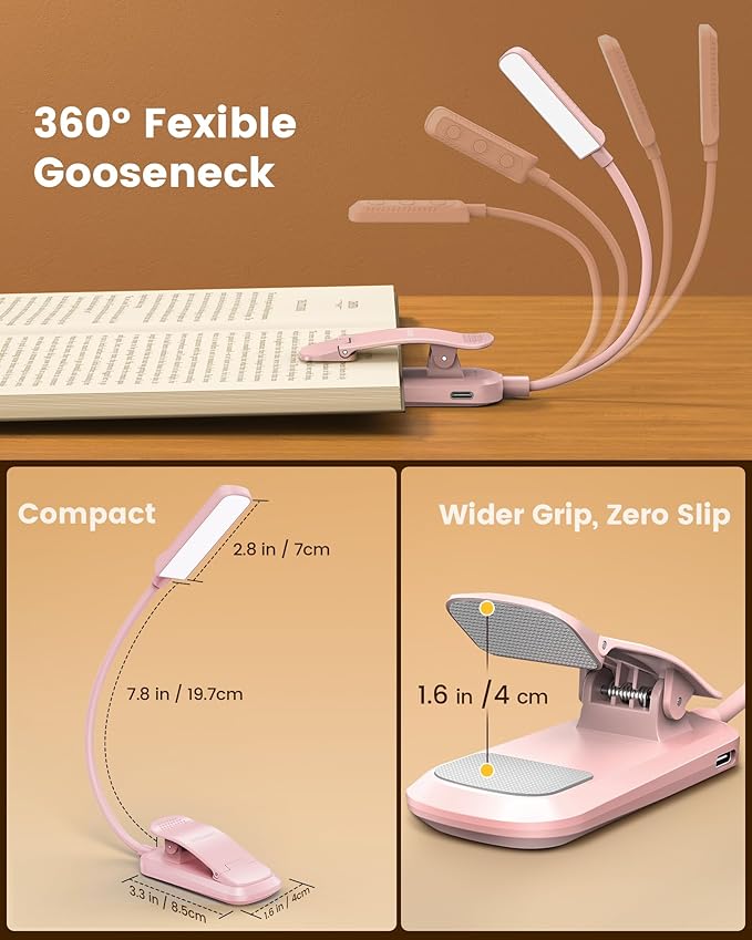 Glocusent 13 LED Rechargeable Book Light for Reading at Night, Eye-Caring 3 Amber Colors & Stepless Dimming, Lasts 1 Week to 2 Months, Travel Clip on Lamp, Gifts for Book Lovers, Men, Women & Kids