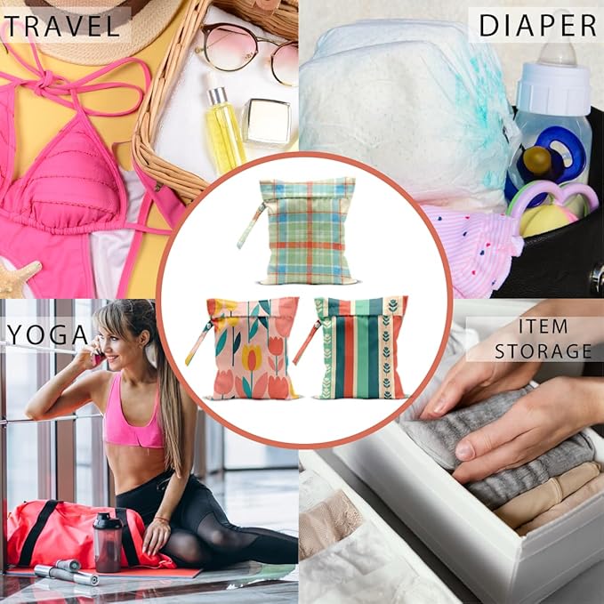 Plaid Tulip Print Wet Dry Bag, Reusable Washable Waterproof Wet Bag for Swimsuit Diaper Dirty Clothes, Set of 3, Portable Storage Pouch for Travel Beach Pool Gym Camping, Cute Flower Lover Gifts