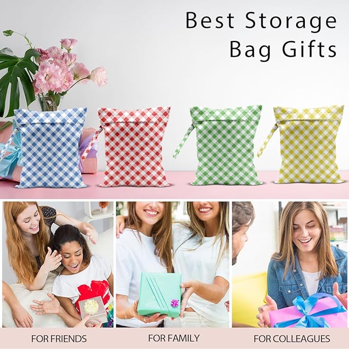 Wet Bag, 4Pcs Wet Dry Bag Set, Waterproof Reusable Bags with Four-Tone Plaid Prints for Women, Perfect for Beach Vacations, Pool Days & Travel