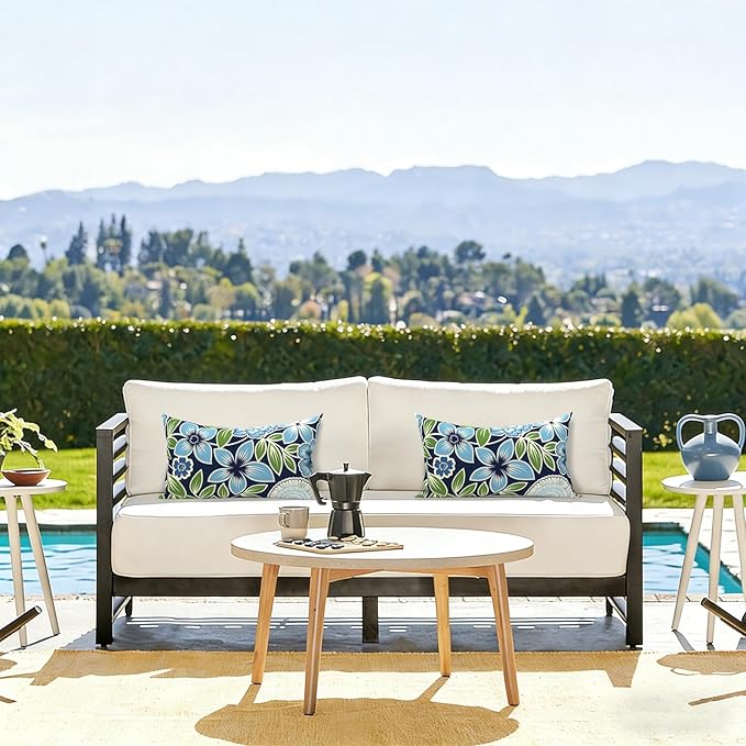 LVTXIII Set of 2 Patio Lumbar Pillows, 12" x 20" Fade Resistant Outdoor Lumbar Pillow with Inners, Fluffy Decorative Garden Lumbar Cushions for Home Patio Coach Sofa Use, Azure Botanical Symphony