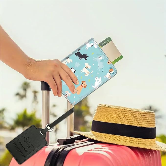 Passport Wallet, Passport Holder with RFID Blocking and Luggage Tag, Waterproof PU Leather Travel Documents Organizer Case, Passport Covers with Card Slot for Women & Men, Dogs Pattern Backgrounds