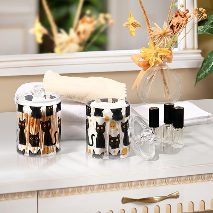 2 Pack Qtip Holder Organizer Dispenser Black Cats Halloween Bathroom Storage Canister Cotton Ball Holder Container for Cotton Pads/Swabs/Floss
