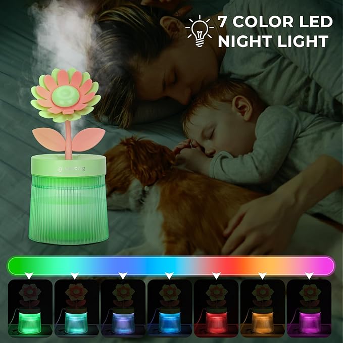 260ml Flower Mini Humidifier, Green Sunflower Desktop Small Humidifiers, Personal Cool Mist Humidification, USB Desk Humidifier for Bedroom, Office, Travel & Indoor Plants