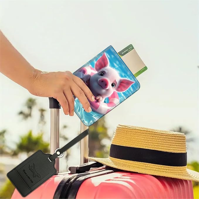 Passport Wallet, Passport Holder with RFID Blocking and Luggage Tag, Waterproof PU Leather Travel Documents Organizer Case,Passport Covers with Card Slot for Women & Men,Baby Pig Swimming