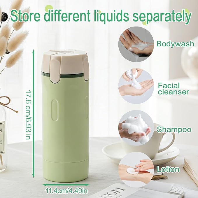 4 in 1 Travel Dispenser Bottle Flying Essentials Camping Toiletries Pump Leak Proof Size Portable Containers Refillable for Shampoo Lotion Creams Body Wash Conditioner Attached Label (Green)