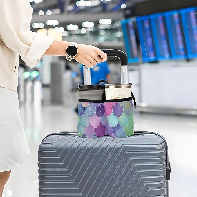 Luggage Cup Holder for Suitcases Free Hands Suitcase Cup Holder Travel Luggage Drink Holder Portable Luggage Cup Caddy Bag Carrier with Handle Watercolor Mermaid Scales Colors