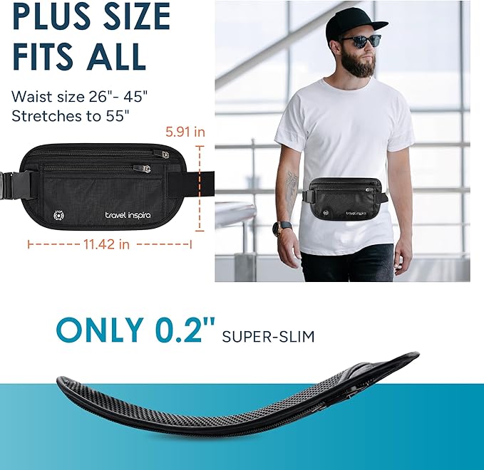 travel inspira Travel Money Belt with Anti-Theft Zipper Upgrade Larger Slim Travel Pouch with RFID Blocking Fabric to Protect Credit Cash, Passports, and Documents, Black
