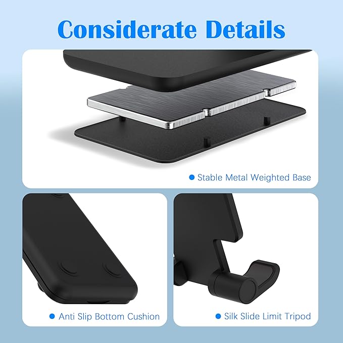 Cell Phone Stand, Adjustable Angle and Height Cell Phone Holder for Desk, Foldable and Portable, Anti-Slip Silicone Pad, Compatible with All Mobile Phones and 4-8 Inch Devices, Black
