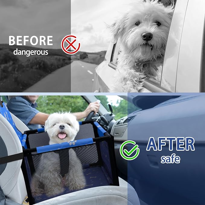 Dog Car Seat Foldable Dog Car Booster Seat Waterproof Breathable Oxford Travel Bag for Small to Medium Dogs, Puppies, and Pets-Pattern Blue-Upgrade