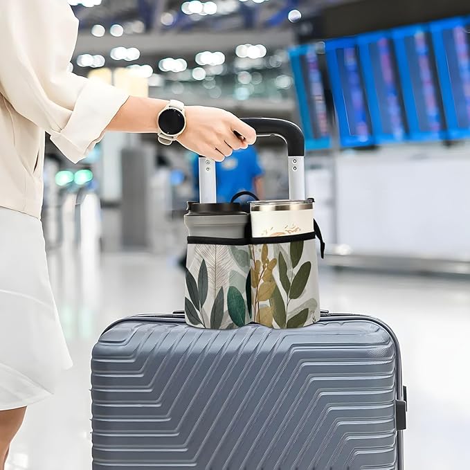 Luggage Cup Holder for Suitcases Free Hands Suitcase Cup Holder Travel Luggage Drink Holder Portable Luggage Cup Caddy Bag Carrier with Handle Beige Boho Style Leaves