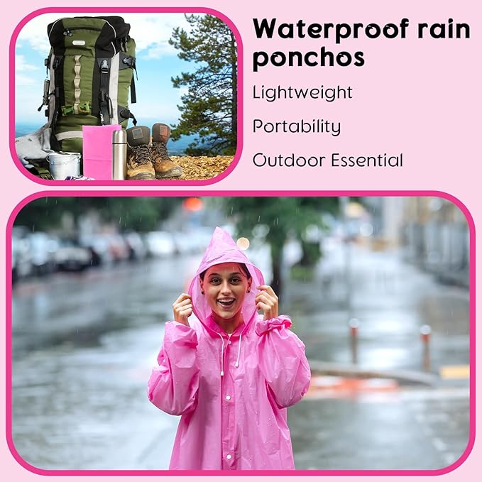 Rain Ponchos for Adults Reusable Rain Coats with Hood and Drawstring Thicken Ponchos Waterproof for Women(Pink)