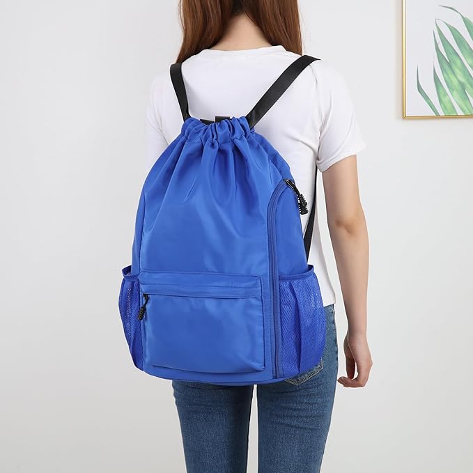 Valleycomfy Waterproof Drawstring Gym Backpack Bag for Men & Women,Sports Gym Bag with Side Pocket Blue