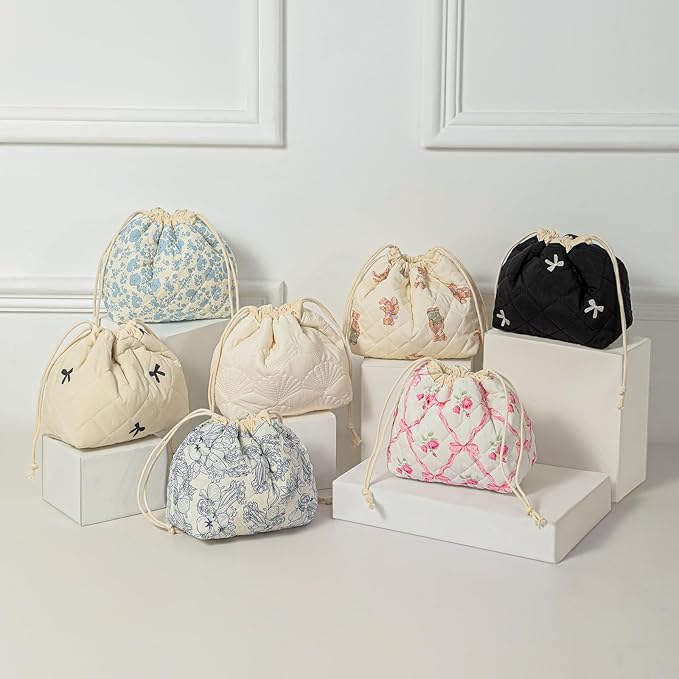 Cotton Quilted Drawstring Makeup Bag with Canvas Lining,Coquette Aesthetic Cute Travel Toiletry Bag,Drawstring Gift Bag for Women and Girls(02Light Blue Flower)