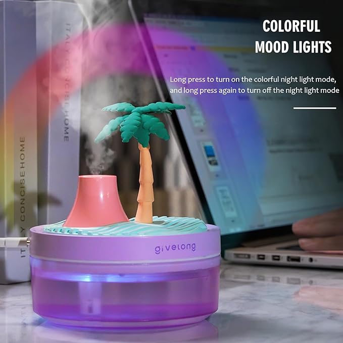 PRATIQUE Mini Portable Desktop Humidifiers for Bedroom,Small Humidifier with Cocount Tree,Quiet,Cool Mist, Auto Off,7 Colors Night Light,320ml Air Humidifier Home Office Travel (PURPLE)