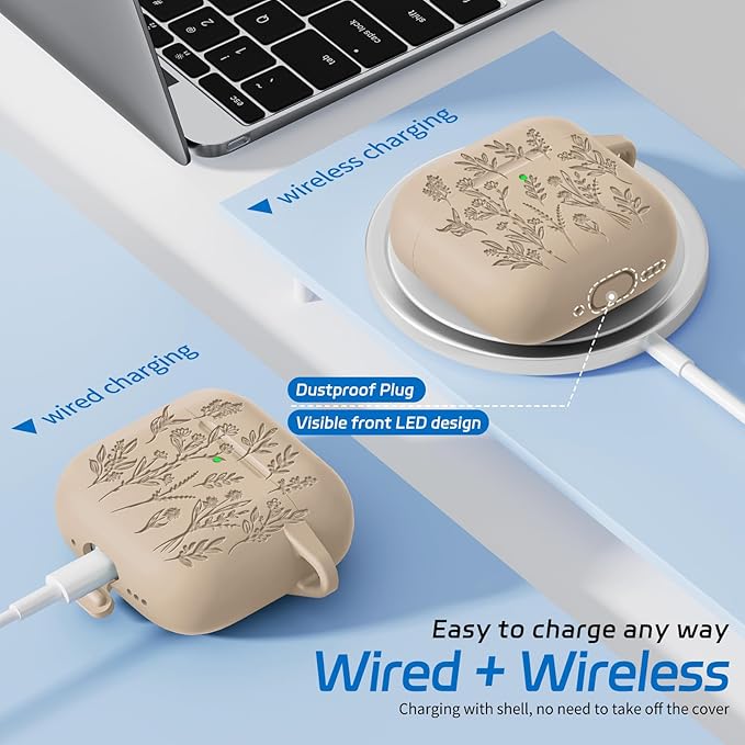 for Airpods 4 Case, Ekoonpft Flower Engraved Cases for Apple AirPods 4th Generation 2024, Soft Silicone Cover for Women Girly with 3-in-1 Cleaning Kit & Keychain, Anti-Scratch, Shockproof