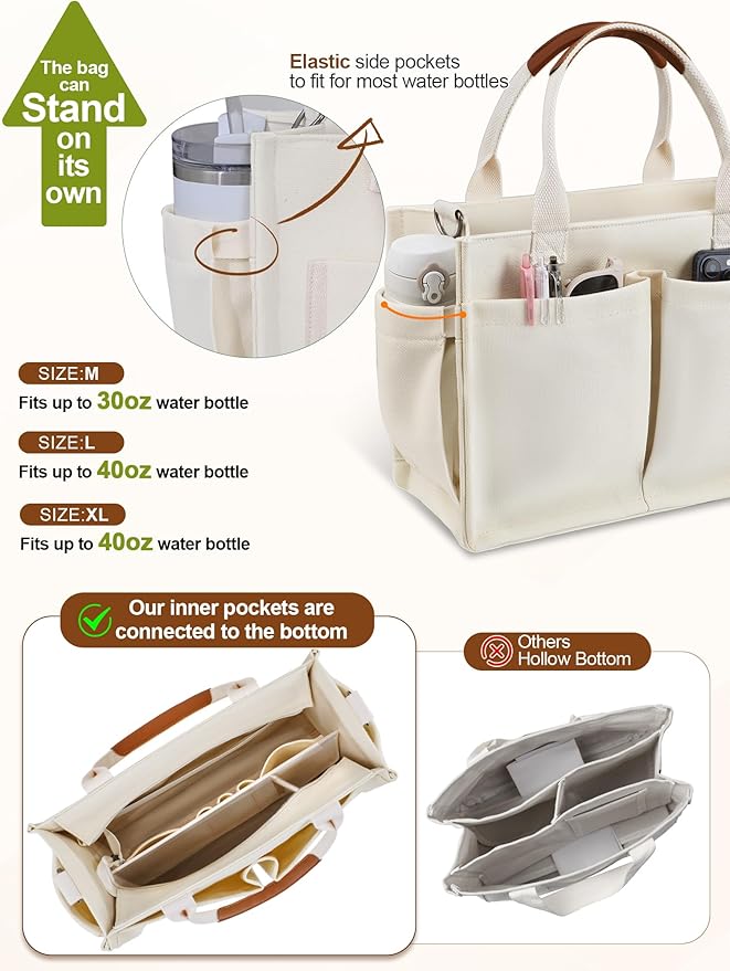 FIORETTO Womens Canvas Tote Bag Purse with Individual Compartment, Zipper Top, Reinforced Bottom & Luggage Sleeve