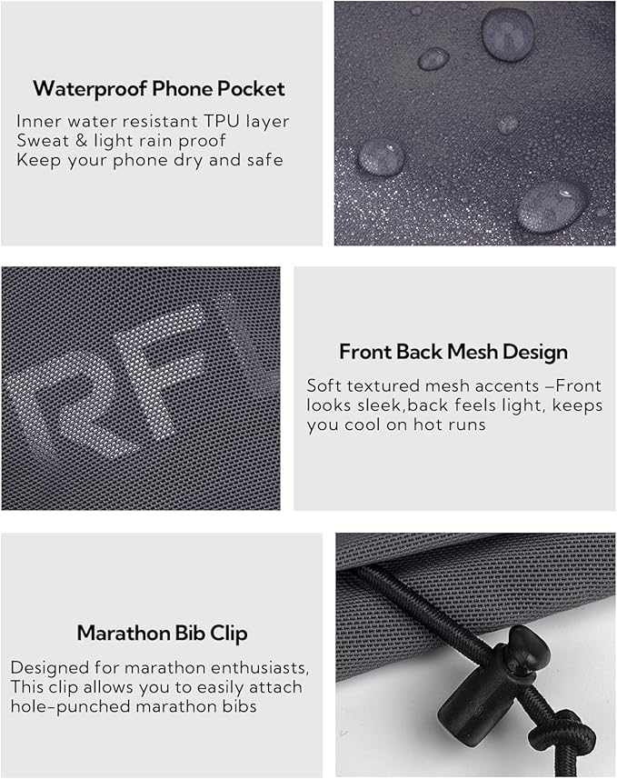 WATERFLY Running Belt Fanny Pack: Breathable 3 Pocket Waist Bag for Men Women Workout Exercise Fitness Phone Holder Fits All Phones - Runner Marathon Jogging Race Belt with Bib Clip Dark Gray