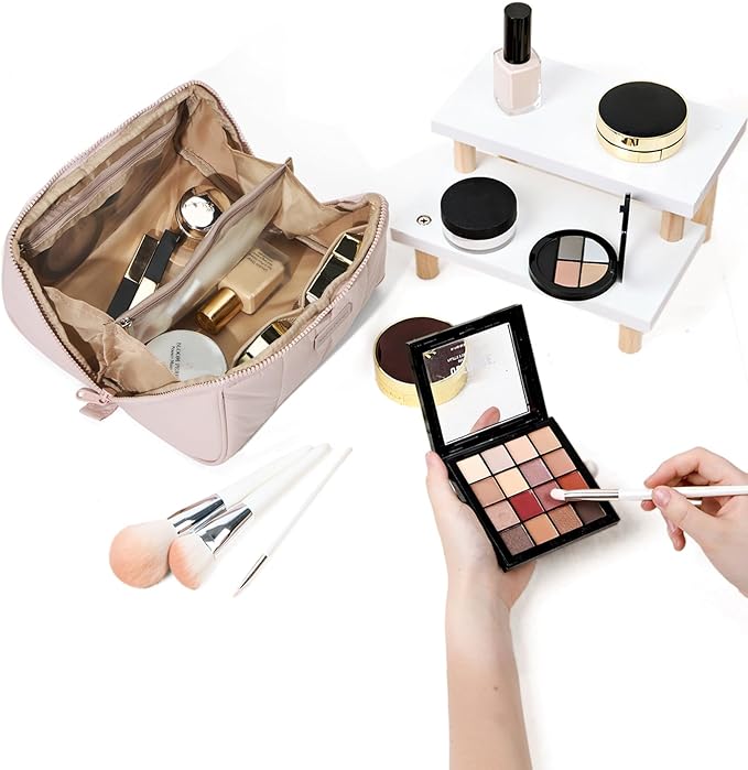 NISHEL Travel Makeup Bag for Women, Fluffy & Lightweight Open Flat Cosmetic Organizer with Multiple Functional Divider for Brush Independent Storage, Handle for Easy Portability, Pink