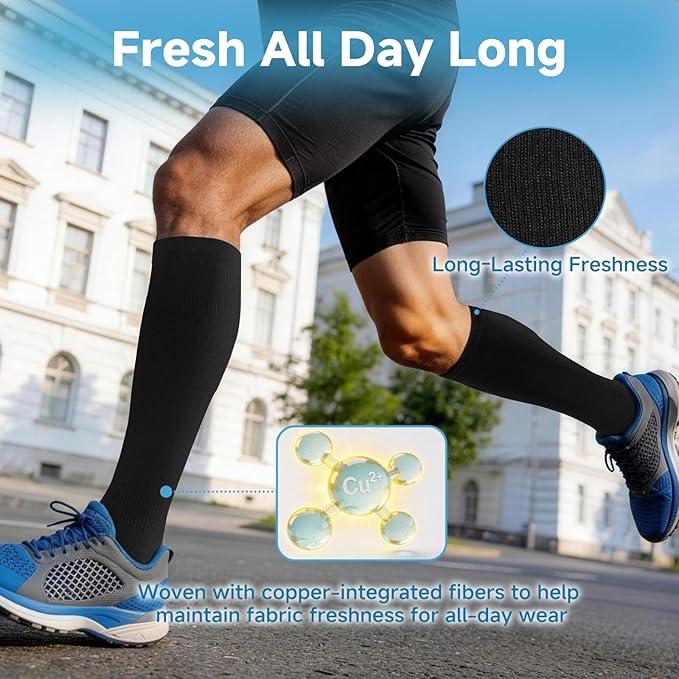 3 Pairs Bamboo Viscose & Copper Compression Socks for Men Women, Soft Knee High Support for Running, Travel & Work