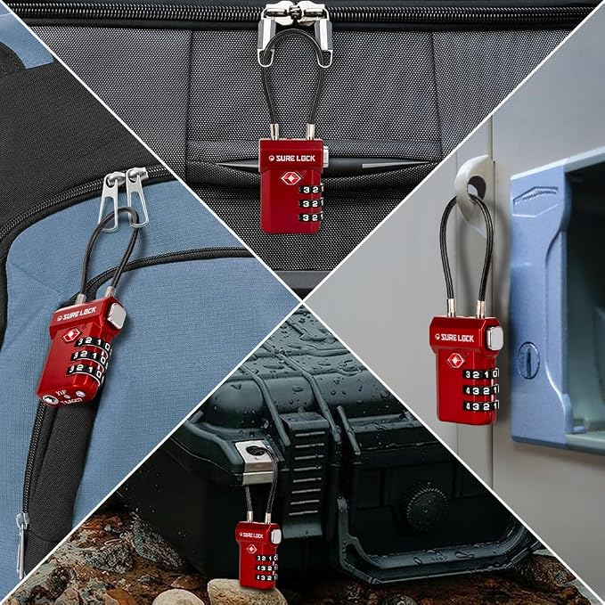 SURE LOCK TSA Approved Luggage Locks with Open Alert Indicator, 3 Digit Combination Cable Travel Lock for Suitcase, Backpack, Gym Locker, Toolbox, Carry On & Travel Bag